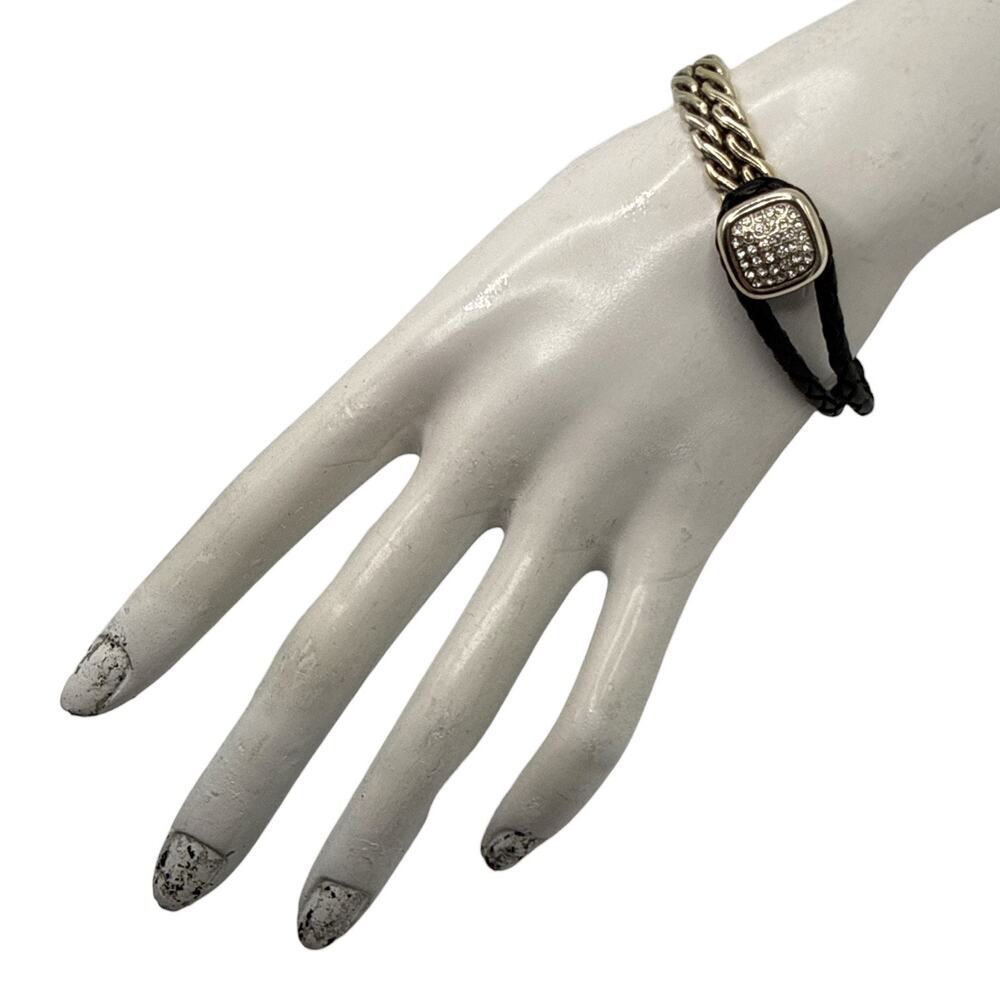 Brighton Braided Black Leather & Silver Tone Pave Crystal Cuff